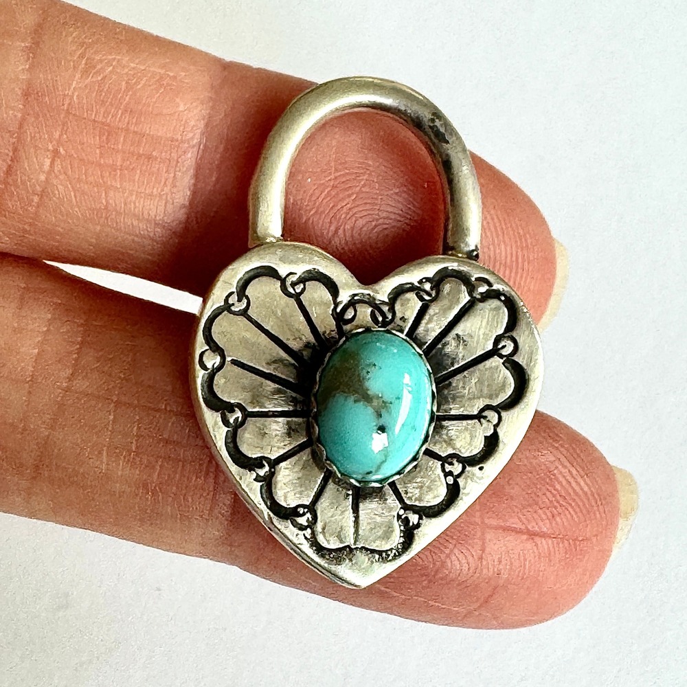 Navajo Lock Heart Pendant Turquoise Signed Tahe Sterling Padlock Native American
